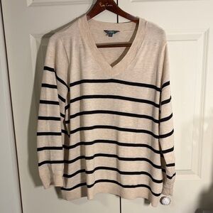 Terra & Sky Beige V-Neck Sweater with Black Stripes